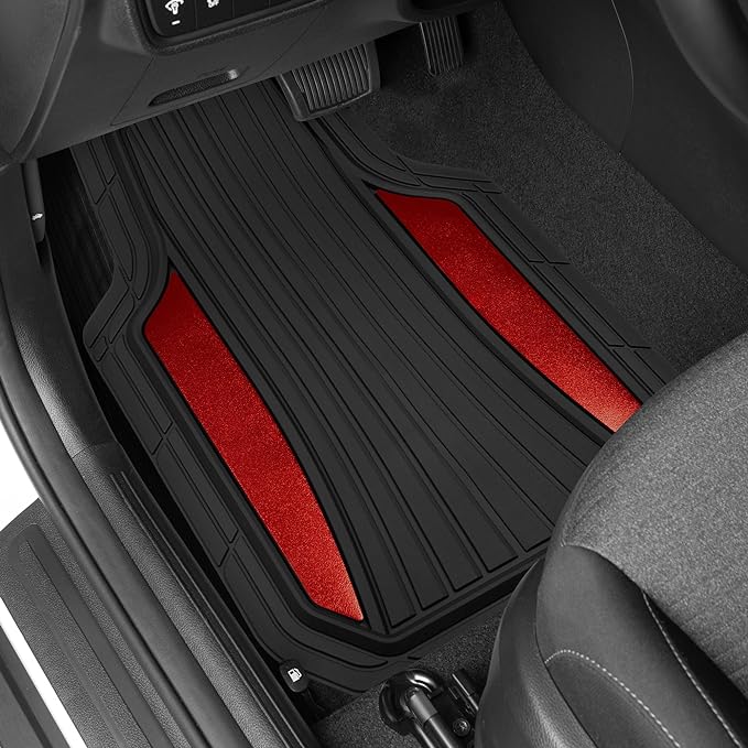 Motor Trend ChromeTech Car Floor Mats Full Set - Durable Rubber Floor Mats for Cars with Two Tone Accent, All Weather Interior Protection for Front and Rear with Non-Slip Backing, Red Chrome