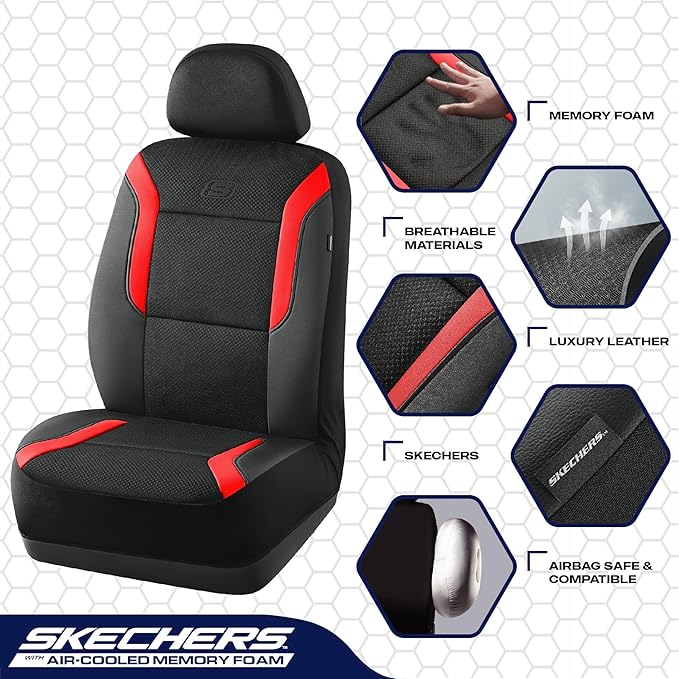 Skechers Memory Foam Car Seat Covers, Air Cool Mesh Thick Seat Covers, Car Seat Covers Front Seats Airbag Compatible, Automotive Comfort & Protection for Most Cars,Vans,Trucks, SUVs,Red