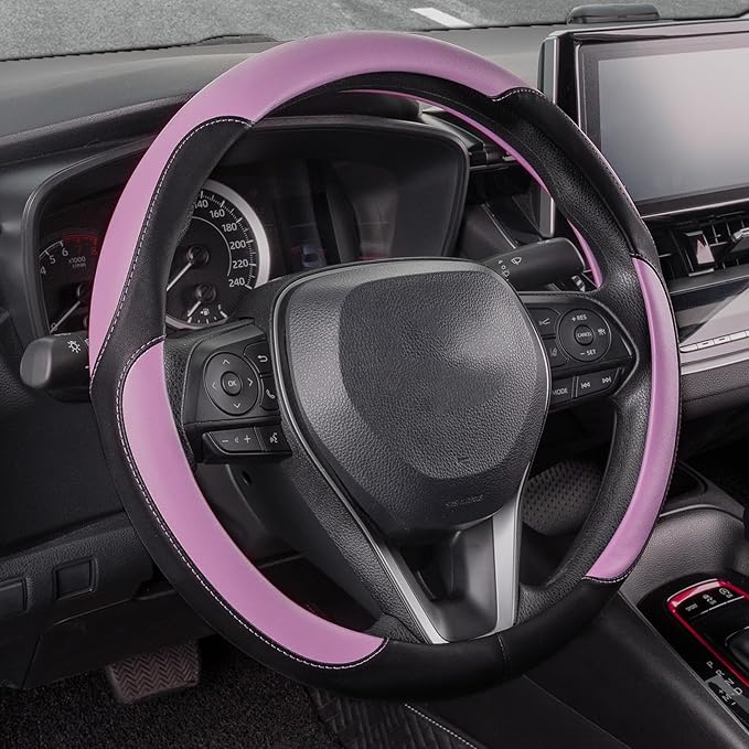 SEG Direct Car Steering Wheel Cover for Women Men, Standard Size 14.5-15 inch (37-39 cm), Auto Interior Accessories, Black and Radiant Orchid