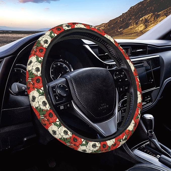 Poppy Flowers Pattern Steering Wheel Covers Anti-Slip Elasticity Car Accessories Steering Wheel Protector Universal 15 Inch for Cars SUV Vehicle Truck