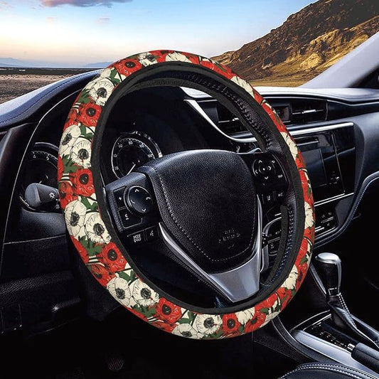 Poppy Flowers Pattern Steering Wheel Covers Anti-Slip Elasticity Car Accessories Steering Wheel Protector Universal 15 Inch for Cars SUV Vehicle Truck