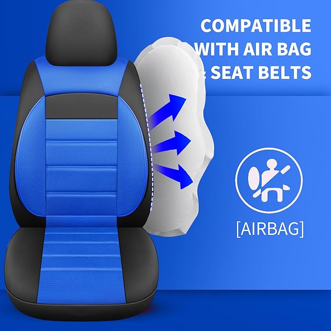 Leather 3D Foam Back Support Car Seat Covers Full Set Air Mesh Automotive Seat Covers, All Season Car Seat Cover Fit Automotive,SUV,Sedan,Van, Airbag Compatible Elegance (Black Blue)