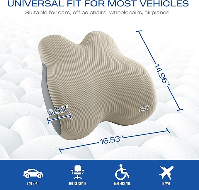 Skechers Memory Foam Lumbar Pillow,Lumbar Support Pillow for Office, Chair Lower Back Pain Relief Lumbar Pillow, Ergonomic Design Back Support Pillow for Office Chair, Car, Home, Travel,Beige