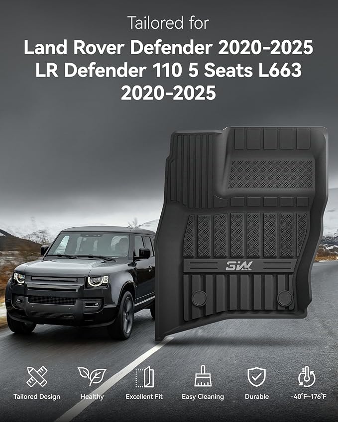 3W Floor Mats&Cargo Liner Fit Land Rover/Range Rover Defender 110 (4 Doors 5 Seat Only) 2020-2024 2025 (Not for Defender 110s/Rubber Flooring), TPE All Weather Custom Fit Floor Liner Full Set, Black