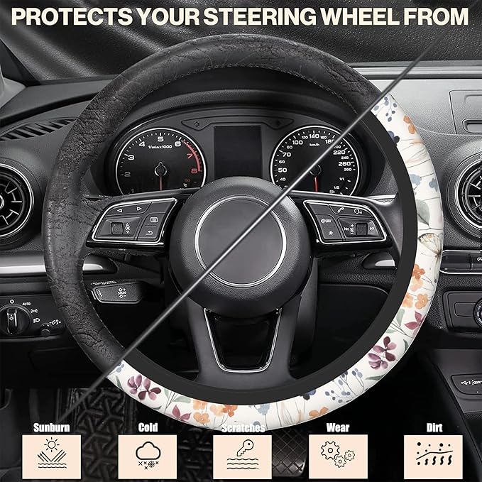 Watercolor Wildflowers Car Steering Wheel Cover, Non-Slip Absorbing Sweat Car Wheel Cover Accessories for Men Women,Universal 15" Fit Auto SUV Vans Trucks