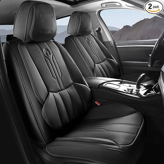 AOOG Front Seat Covers, Car Seat Covers Front Seats, Leather Seat Covers for Cars, Waterproof Seat Covers with Lumbar Support Universal Fit for Most Cars SUV Trucks(Front Pair, Black)