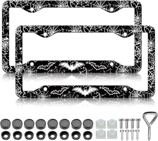 Bat License Plate Frames - 2 Pack Bats Spider Web Goth Gothic License Plate Holder,Aluminum Metal Rust-Proof Waterproof Car Decorative Tag Frames for Standard US Canada 12x6 Inch