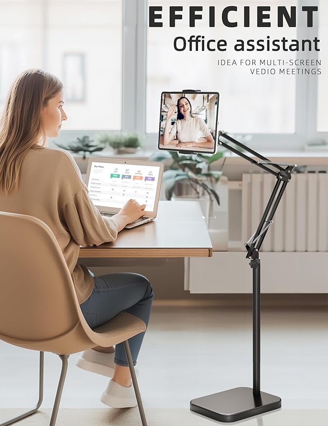 Tablet Floor Stand with 11lb Stable Base - Adjustable Height Stretchable Arm Swivel Holder Mount, Compatible with iPad Pro Air Mini 12.9/9.7, Kindle, Galaxy Tab, Cell Phones (4.7''-13'')