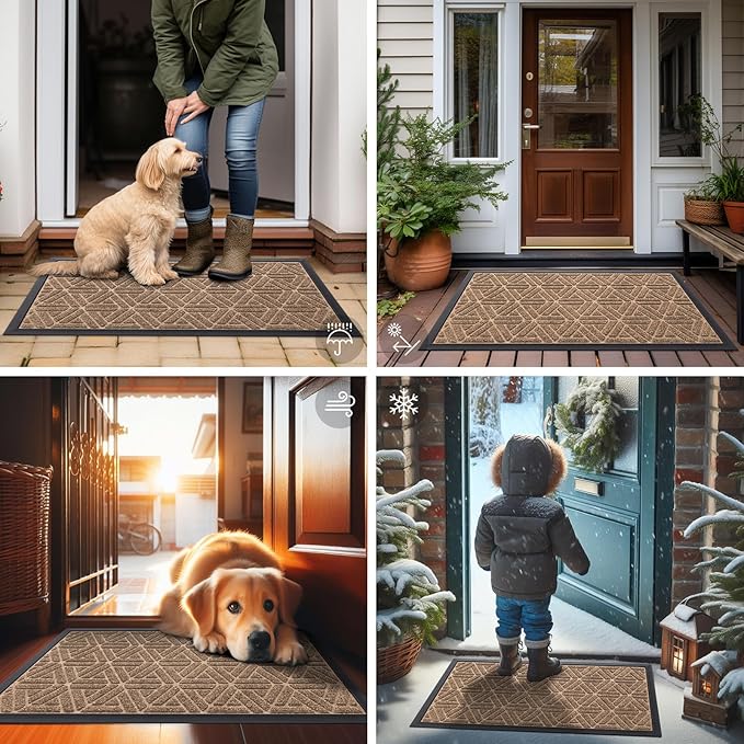 Smiry Front Door Mat Outside Entrance, Heavy Duty Sturdy Natural Rubber Doormat, Trap Dirt and Moisture, Easy Clean Low Profile Mats for Indoor Outdoor Entry, Grid Geometric (29.5x17, Coffee)