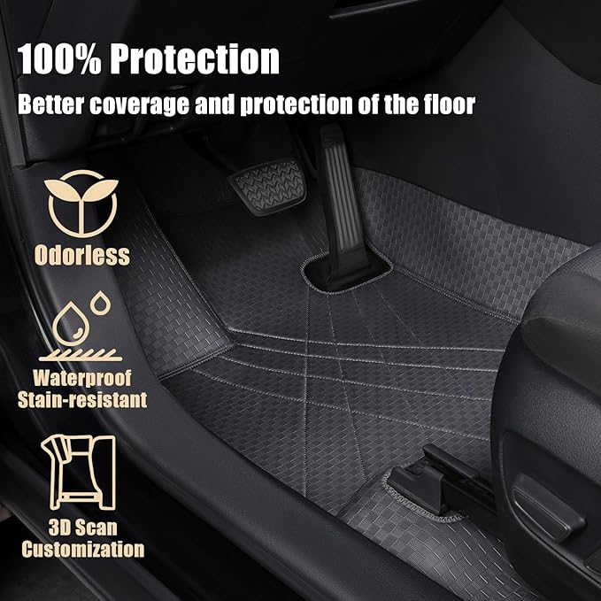 EKR Custom Floor Mats for Tesla Model 3 2024-2025, Front & 2nd Row Luxury Car Floor Mat Fit Model 3 2024 2025 - Leatherette Floor Liners (Black)