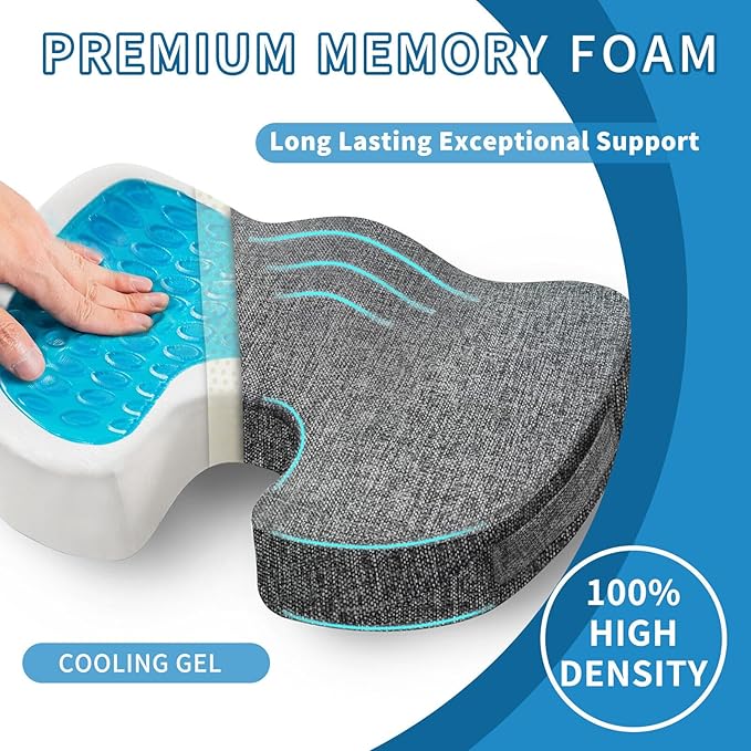 Seat Cushion for Long Sitting, Cooling Gel Memory Foam Seat Cushion - Back, Sciatica, Coccyx, Tailbone Pain Relief - for Office Chairs, Car Seat, Wheelchair Sitting Cushion (Grey)