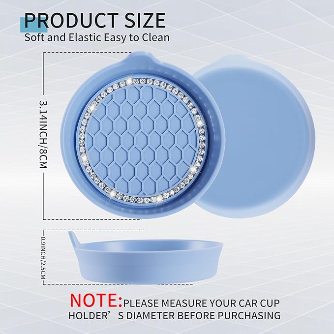 Amooca Car Cup Coaster Universal Non-Slip Cup Holders Bling Crystal Rhinestone Car Interior Accessories 4 Pack Gray Blue