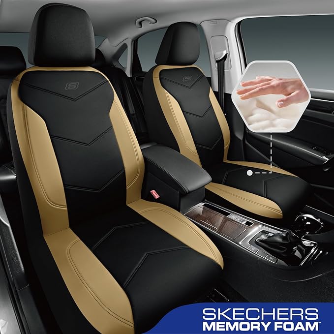 Skechers Memory Foam Seat Covers,Leather Car Seat Covers, Ultimate Comfort & Support Front Seat Covers Airbag Compatible, Automotive Universal Fit Most for SUVs, Vans, Sedans, Cars, Trucks,Beige