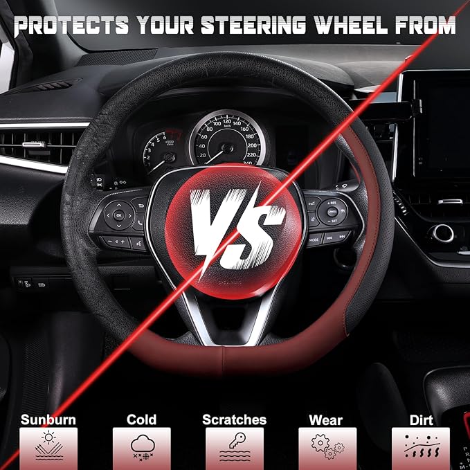 SEG Direct D Shaped Steering Wheel Cover for 14.5-15 inch Flat Bottom Wheels, Breathable Perforated Microfiber Leather, Anti-Slip Grip, Universal Fit for Cars & SUVs, Black and Burgundy