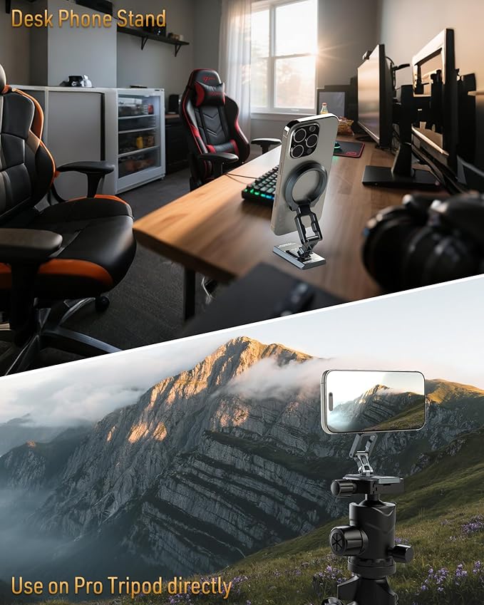 Dual Magnetic Phone Holder Gym Magnetic Stand,Tripod Phone Mount (1/4'' Hole& ARCA-Swiss),Portable Phone Grip for iPhone 12/13/14/15/16/17-Desk/Car/Gym/Golf Cart/Airplane Use Stand (Grey)