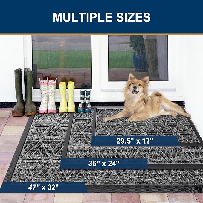 Smiry Front Door Mat Outside Entrance, Heavy Duty Sturdy Natural Rubber Doormat, Trap Dirt and Moisture, Easy Clean Low Profile Mats for Indoor Outdoor Entry, Grid Geometric (36x24, Silver Grey)