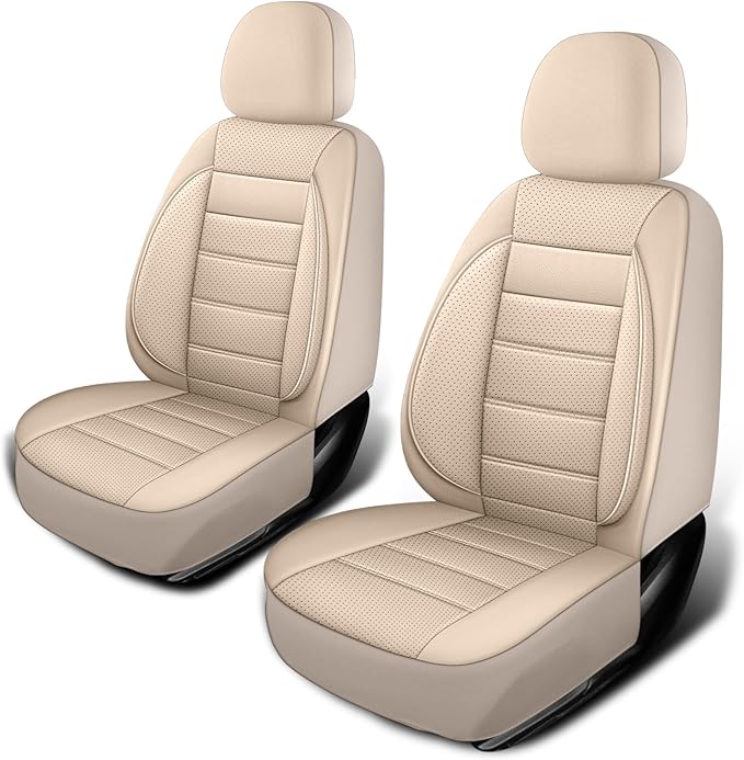 Leather Car Seat Covers Front Seats Only, 3D Foam Support Car Seat Covers, Universal fit for Trucks Vans SUVs Sedans Automotive Comfortable, Airbag Compatible (2PCS Front, Beige)