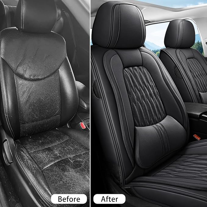 WELLDOCar Seat Covers Full Set, Premium Nappa Leather Seat Covers for Car, Waterproof Car Seat Protector with Lumbar Support, Automotive Seat Covers Universal Fit for Most Cars SUV Truck, Black,w02.