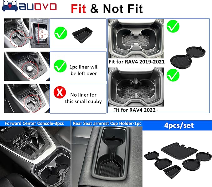 Auovo 3D Cup Holder Insert Liners Compatible with Toyota RAV4 Accessories 2025 2024 2023 2022 2021 2020 2019 Car Custom Cup Holder Mats Pads 4-pc Set (Black Trim)