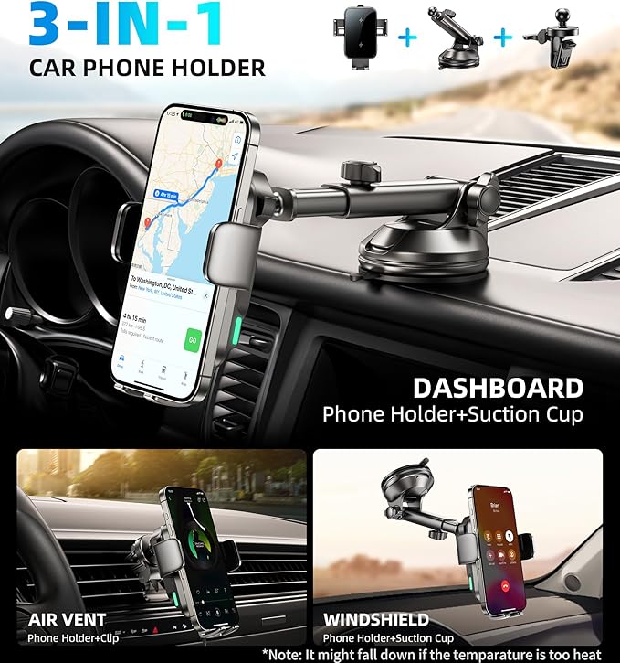 Dual Coil 15W Car Phone Holder (Not Easy to Disconnect) Wireless Car Charger -Auto Clamping- Charging Phone Holders for Your Car Dash Vent Windshield, for Flip S24/S23/S22/S21, iPhone 17/16/15