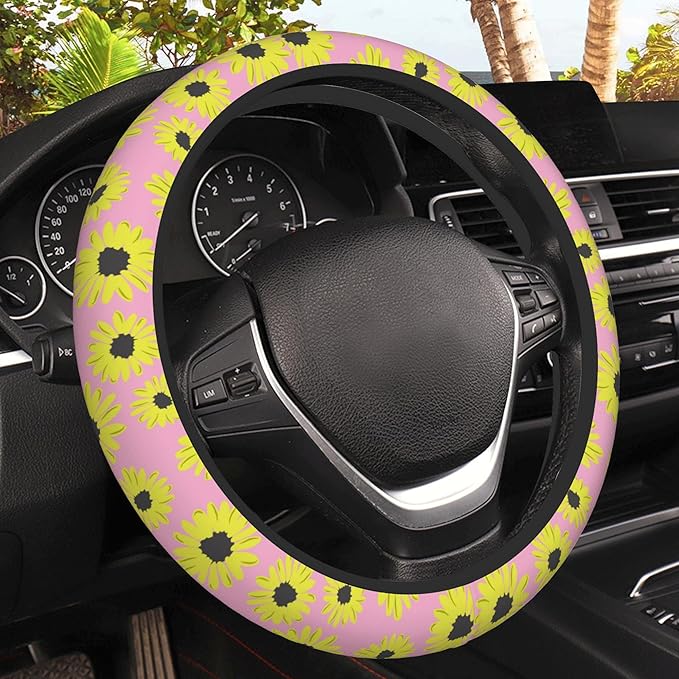 Abstract Sunflower Car Steering Wheel Cover, Non-Slip Absorbing Sweat Car Wheel Cover Accessories for Men Women,Universal 15" Fit Auto SUV Vans Trucks