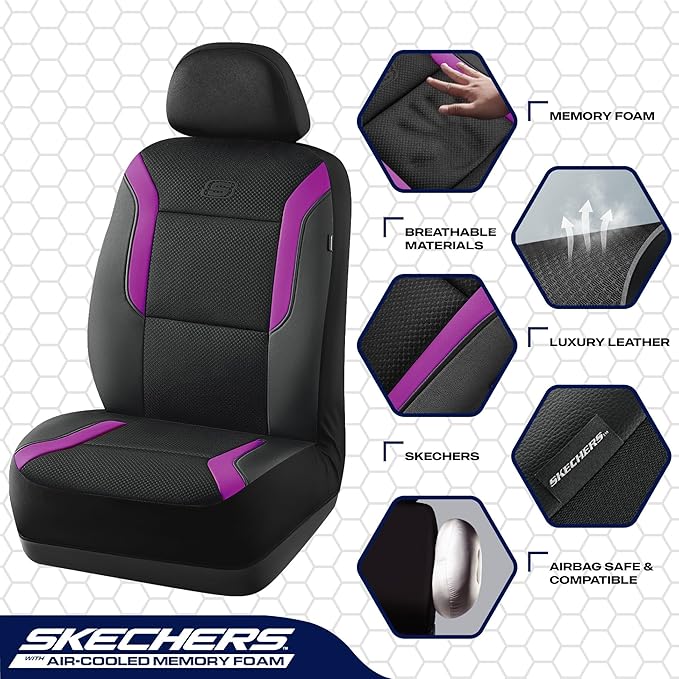 Skechers Memory Foam™ Car Seat Covers, Air Cool Mesh Thick Seat Covers, Car Seat Full Sets, Airbag Compatible, Automotive Comfort Protection for Most Cars,Vans,Trucks, SUVs,Purple