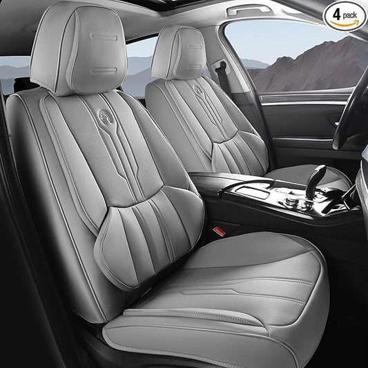 AOOG Car Seat Covers Full Set, Leather Seat Covers for Car, Waterproof Car Seat Protector with Lumbar Support, Automotive Seat Covers Universal Fit for Most Cars SUV Trucks (Full Set, Grey)