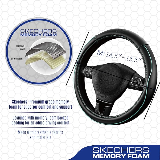 Skechers Memory Foam Steering Wheel Cover,Piping Microfiber Leather Steering Wheel Cover Sporty Universal Fit 14" 1/2-15" Car Wheel Protector for Men Women Fit Suvs,Vans,Sedans,Car,Trucks,Mint