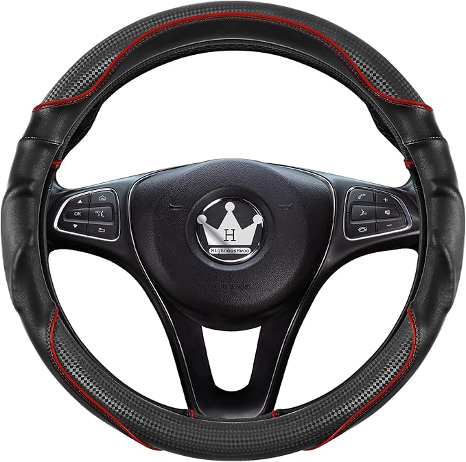 3D Car Steering Wheel Cover Comfort Grip Massage Sporty Anti-Slip Carbon Fiber Faux Leather for Sedan SUV, Universal Fit, Car Handle Covers for All Seasons, 14.75-15.15in, Red