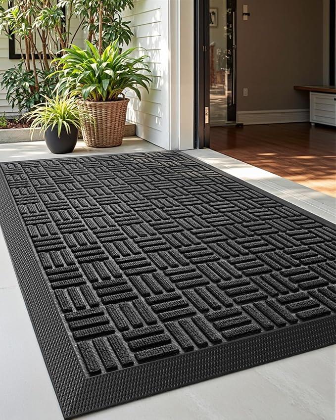 DEXI Front Door Mat Outside Entrance, Rubber Entry Doormat Heavy Duty, Welcome Mats Non Slip for Inside House Floor Entryway Back Doors Exterior Patio, 17x29, Maze Black
