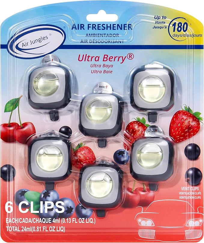 Air Jungles Ultra Berry Scent Car Air Freshener Clip, 6 Vent Clips, 4ml Each, Long Lasting Air Freshener, Up to 180 Days Car Refresher Odor Eliminator