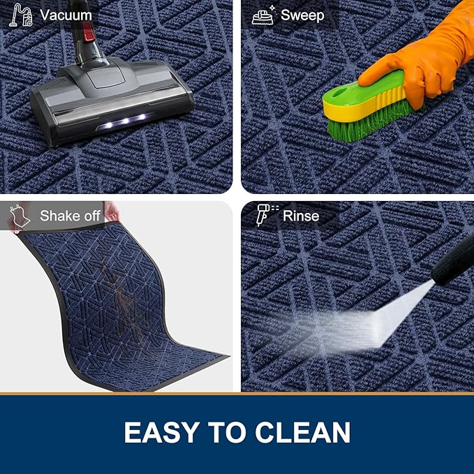 Smiry Front Door Mat Outside Entrance, Heavy Duty Sturdy Natural Rubber Doormat, Trap Dirt and Moisture, Easy Clean Low Profile Mats for Indoor Outdoor Entry, Grid Geometric (59x24, Navy Blue)