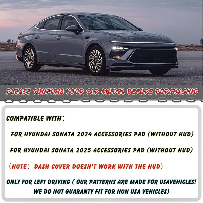 Non-Slip Dash Cover Dashboard Cover Mat Custom Fit Center Console Cover Sunshield Protector Pad Compatible with for Hyundai Sonata 2024 2025 Accessories Pad (Without HUD) (Black Trim)