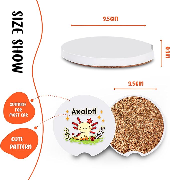 2 Pack Axolotl Car Cup Holder Coaster, Cute Car Interior Accessories Drink Coaster for Women & Men, Axolotl Lovers Themed Gifts Stuff Accessories Things Merchandise Items!