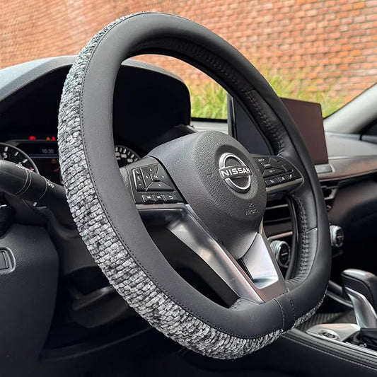 PINCTROT D Shaped Chenille Leather Steering Wheel Cover, Soft Mottled Colors, Sweat-Proof, Non-Slip Grip, All-Season Comfort, Flat Bottom 14.5-15 Inch(Mottled Gray)