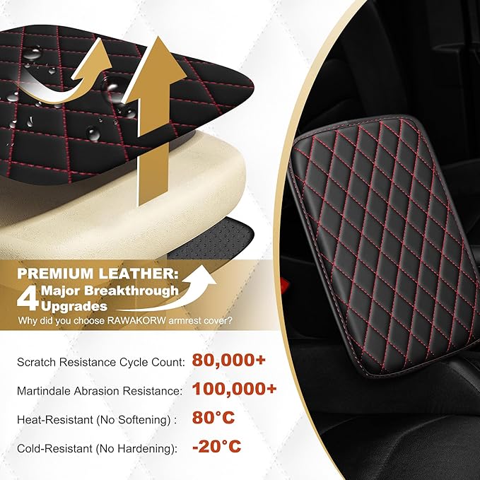 Car Armrest Cover Fit for Acura TSX Leather Center Console Cover Cushion with 2 Storage Bags(Black&Redline)