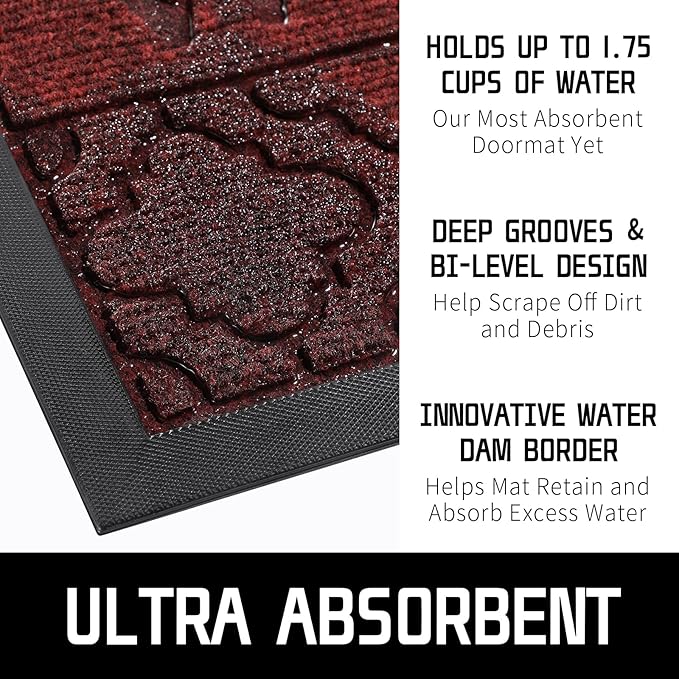 Yimobra Christmas Door Mat Outdoor Indoor 29.5x17, All-Weather Waterproof Front Door Mat Outside Entrance, Non-Slip Low Profile Porch Patio Welcome Doormat, Red