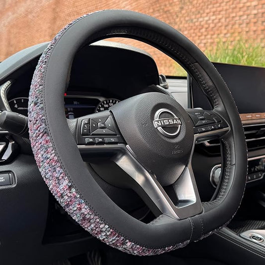 PINCTROT D Shaped Chenille Leather Steering Wheel Cover, Soft Mottled Colors, Sweat-Proof, Non-Slip Grip, All-Season Comfort, Flat Bottom 14.5-15 Inch(Mottled Purple)