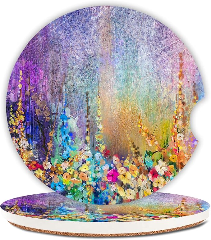 Purple Spring Floral Watercolor Absorbent Cup Holders Car Coasters,Ceramic Stone Drinks Coaster Set for Women Man 2.56"(2 Pack)