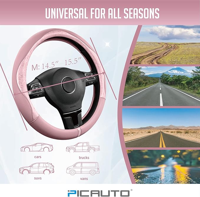 PIC AUTO Steering Wheel Cover, Pink Patterned Leather Patchwork Design, Universal Fit 14.5"–15.5", Anti-Slip, Odor-Free, Soft PU Grain Leather, Durable Grip Car Accessory for Girls & Women