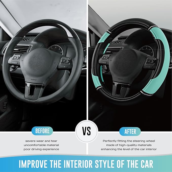 Road Comforts Leather Steering Wheel Cover - Made with PVC Leather - Anti-Slip, Universal Fit 14 1/2 inches to 15 inches - Mint