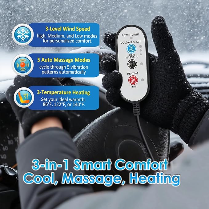 3-in-1 Cooling Car Seat Cover with Massager & Temp Control, Ventilated Seat Cover with 16 Fans, 12V Front Driver Seat Cooler, Summer Cooling Seat Cushion for Car SUV Truck (Black)