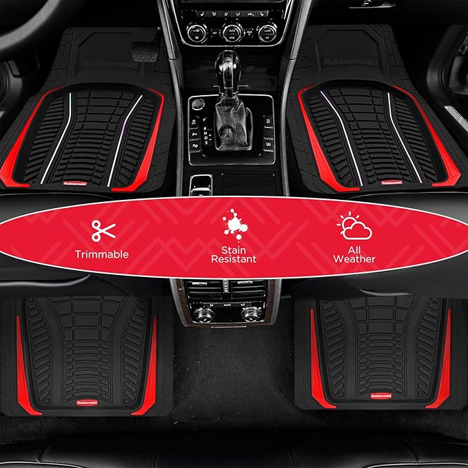 Rubbermaid Car Floor Mats Full Set – Premium All-Weather Car Mat with Brushed Aluminum Inserts, Universal Trim-to-Fit Design, Anti-Slip Backing for Cars, SUVs, Trucks, and Vans