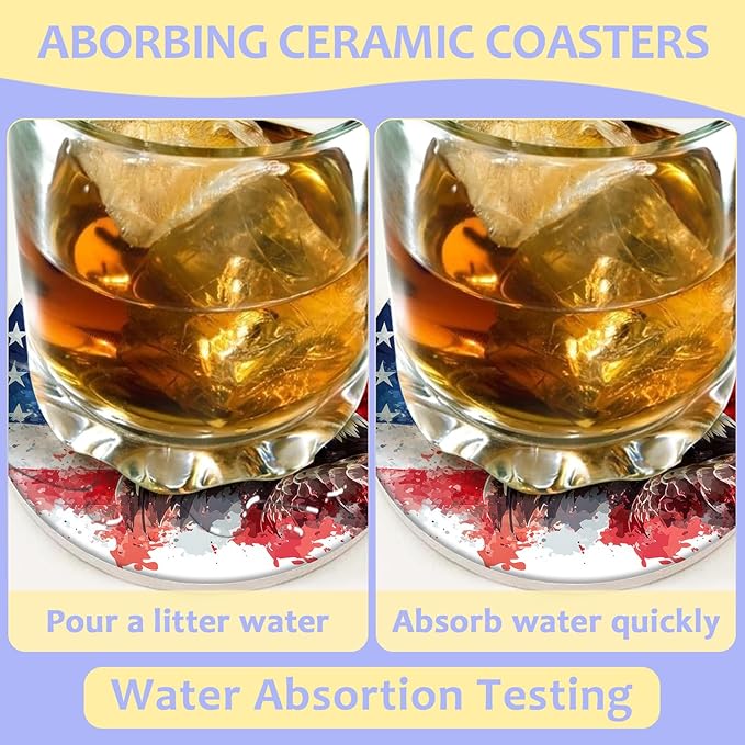 2 Pack Car Cup Holder Coaster-American Flag Eagle Absorbent Ceramic Coaster, Car Coasters for Cup Holders,Auto Accessories for Women & Men
