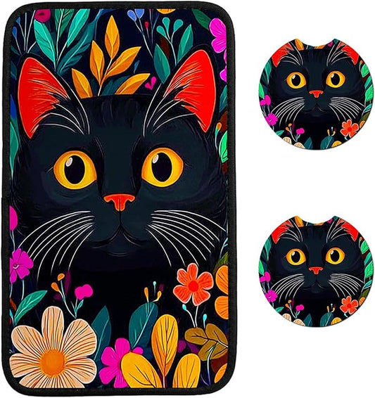 Universal Auto Center Console Pad and 2Pcs Car Coasters Set, Anti Slip Soft Neoprene Car Armrest Seat Box Cover Protector for Most Vehicle - Car Interior Accessories, Wildflower Black Cat