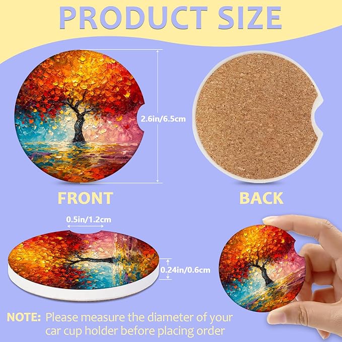 2 Pack Car Cup Holder Coaster-Colorful Trees Absorbent Ceramic Coaster, Car Coasters for Cup Holders,Auto Accessories for Women & Men
