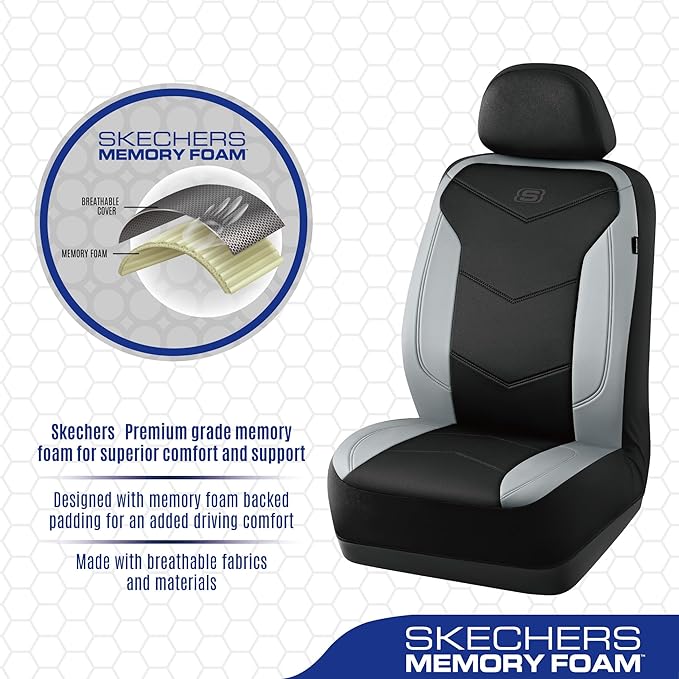 Skechers Memory Foam Seat Covers,Leather Car Seat Covers, Ultimate Comfort & Support Front Seat Covers Airbag Compatible, Automotive Universal Fit Most for SUVs, Vans, Sedans, Cars, Trucks,Gray