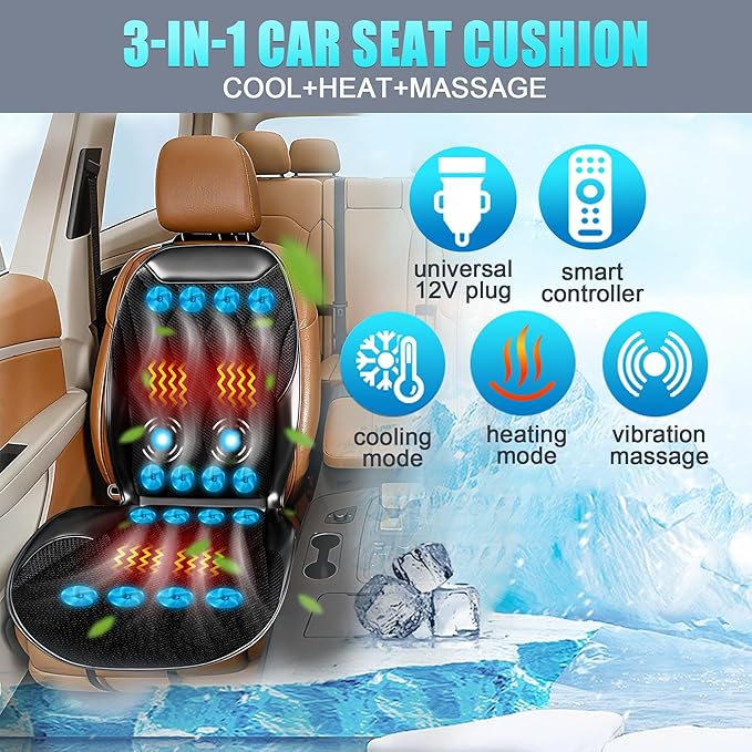 2025 Upgraded 3-in-1 Winter and Summer Cooling Car Seat Cover with Massage, 12V Cooling Car Seat Cushion with 16 Fans, Ventilated Cooling Seat Cover for Car SUV Truck Universal Fit (Black-1)