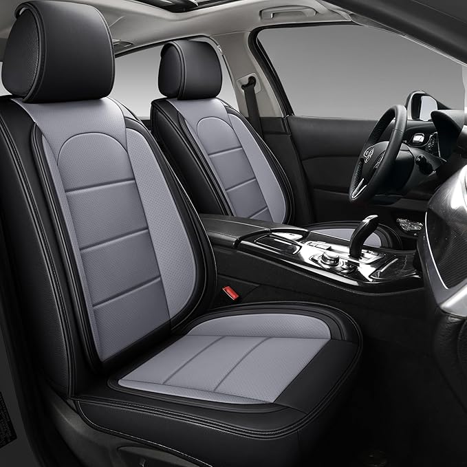 AOOG Leather Car Seat Covers with Car Backseat Organizer, Universal fit Automotive Vehicle Most Sedan SUV Pick-up Truck (Full Set, Black&Grey)