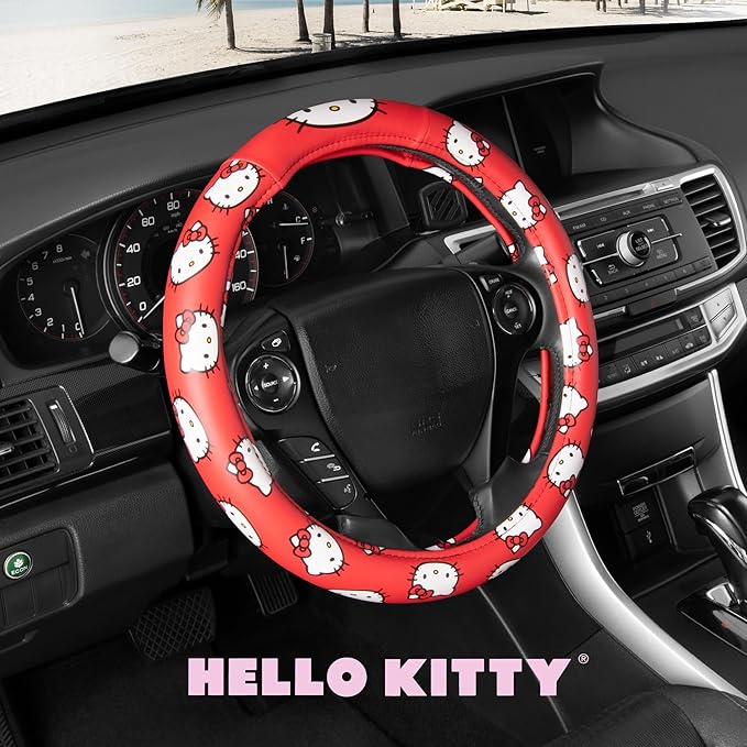 Sanrio Hello Kitty Red Steering Wheel Cover, Universal Fit Cute Car Accessories for Women Stylish SUV, Truck Decor Gifts - Fits Standard Wheels 14.5"-15" (Hello Kitty Red)